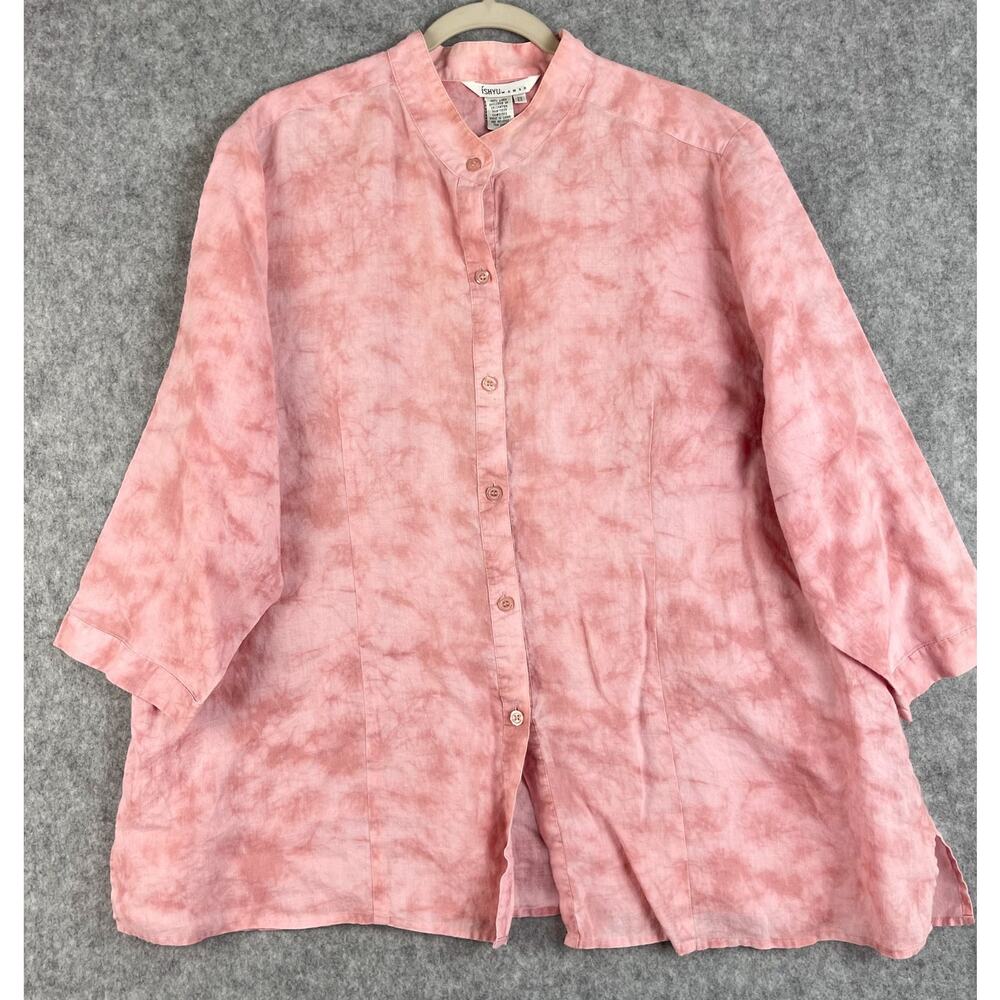 Ishyu Linen Top Womens 2X Pink Button‎ Up Tie Dye 3/4 Sleeve Relaxed Coastal